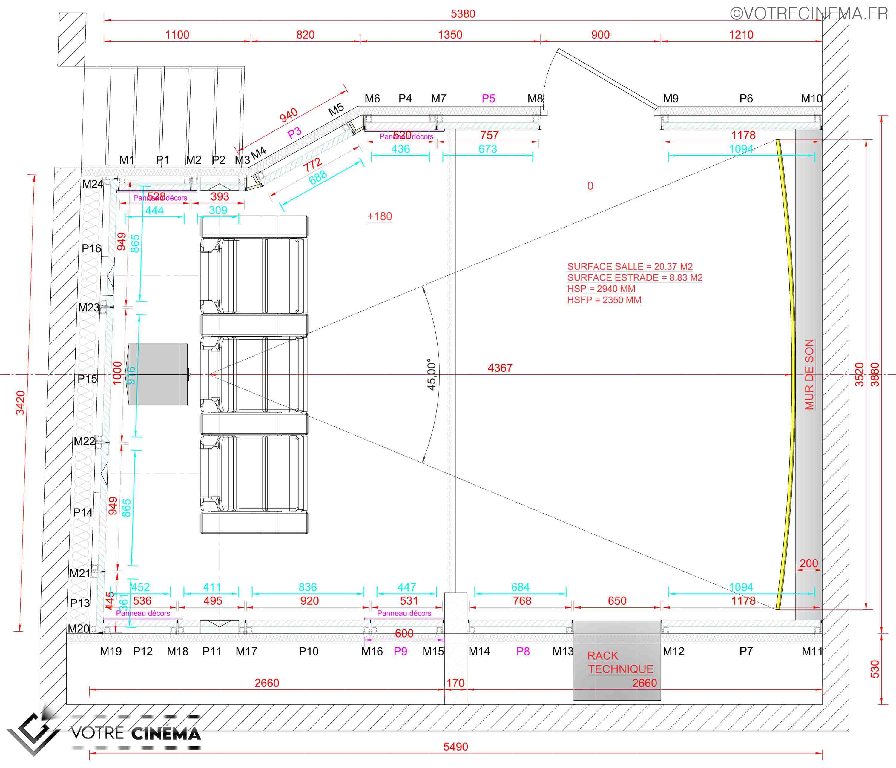 Plan salle de cinéma à domicile 20m²